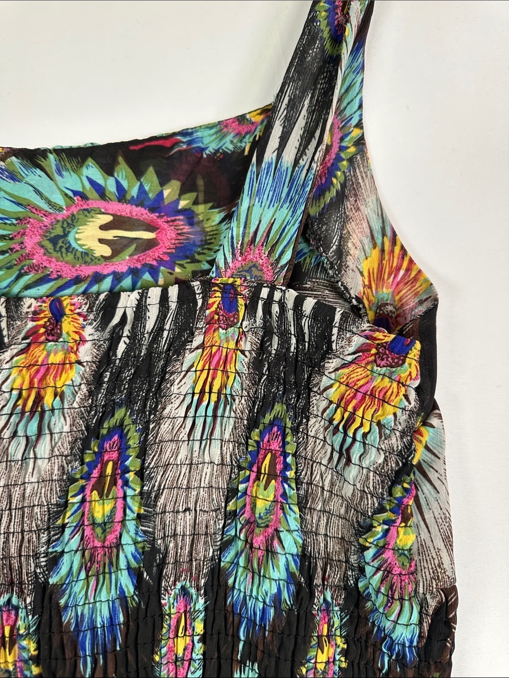 Peacock Feather Print Tiered Midi Dress Multicolor Ruched Back Wide Strap Boho - Picture 7 of 7